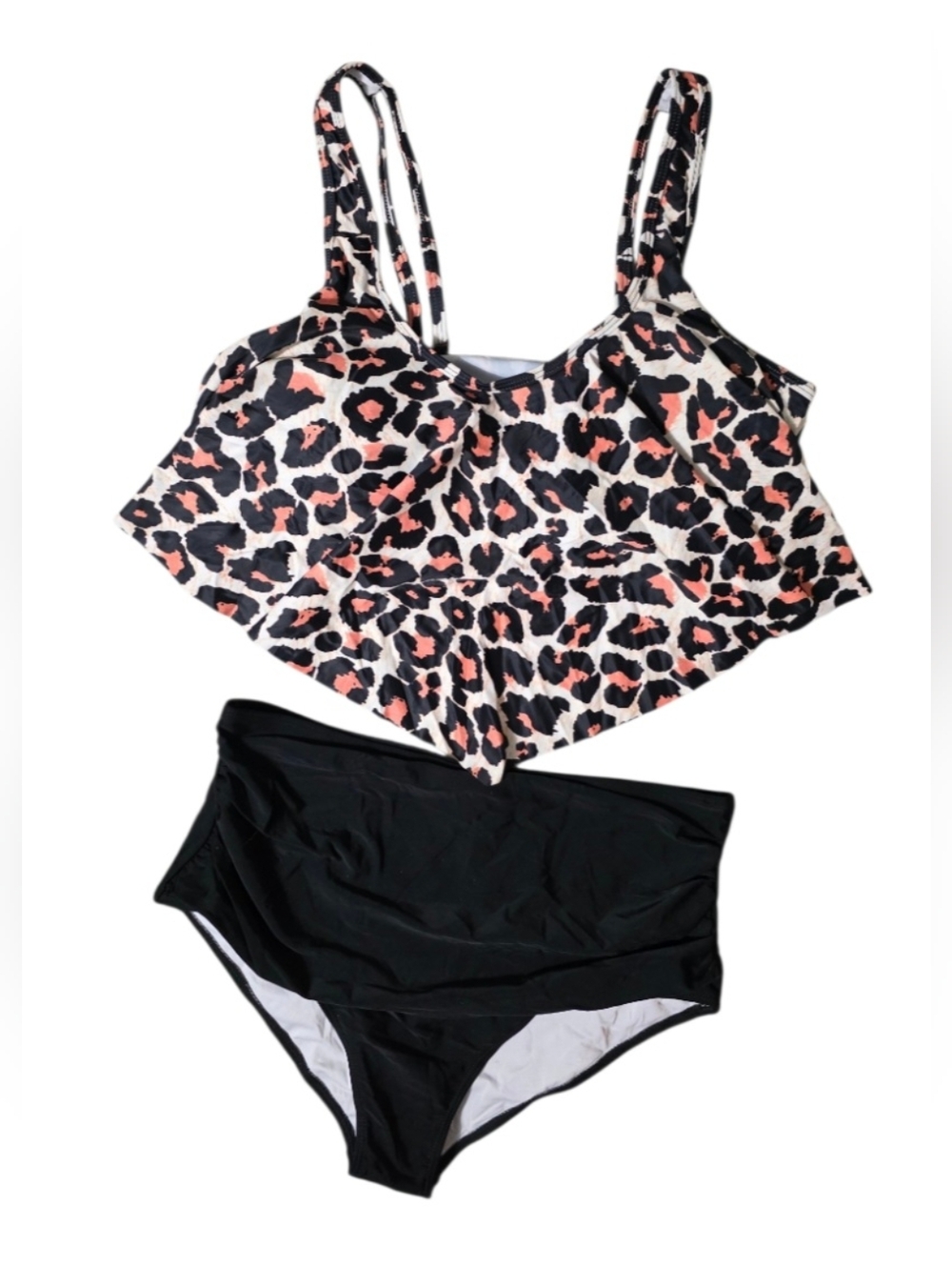 Leopard Print Flounce Tankini Top with Black High Waist Bottoms
